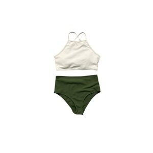 High Waisted Bikini Set Textured Crop Top Olive Green Ivory Swimsuit L
